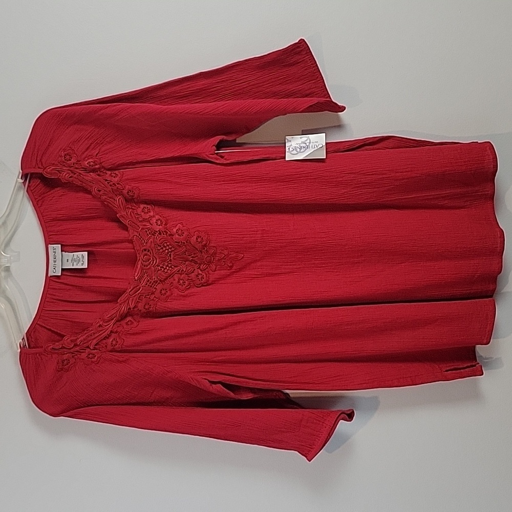 Catherines red lace scoop neck 3/4 sleeves crepe cotton blouse 0X